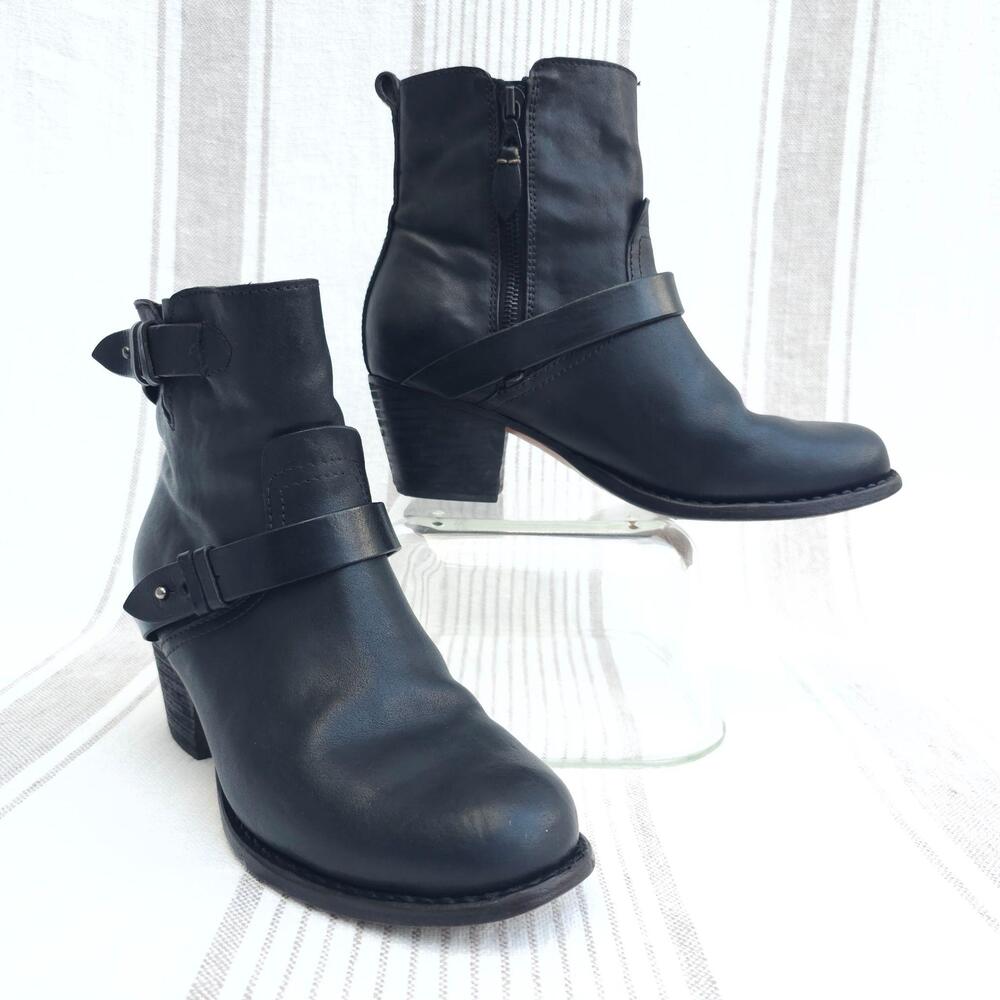 Rag & Bone Harper Moto Boots Womens 8 Black Leather Ankle Block Heel Zip Buckle